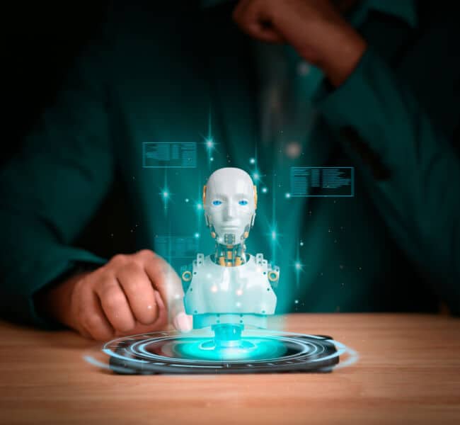 Chatbot,chat,ai,concept,artificial,intelligence.businessman,touching,mobile,for,using,robot