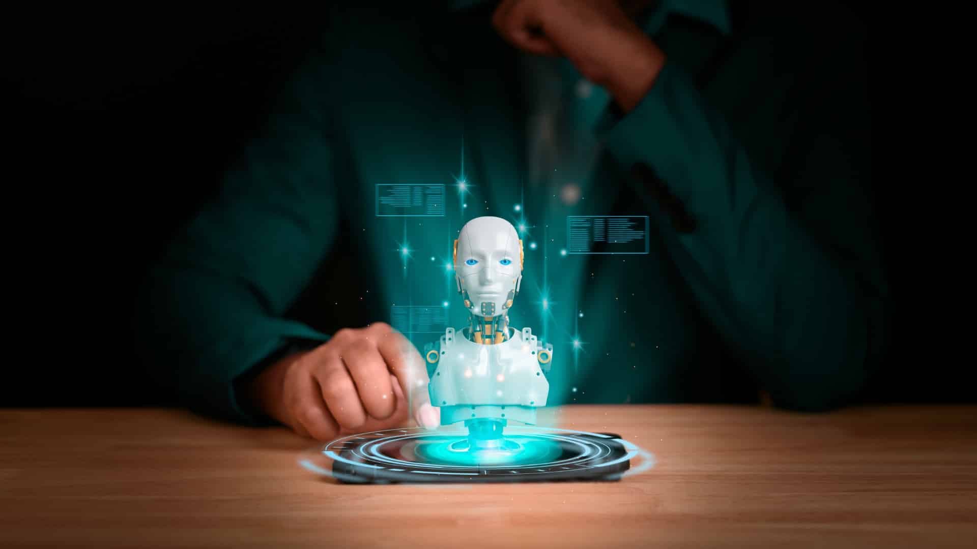 Chatbot,chat,ai,concept,artificial,intelligence.businessman,touching,mobile,for,using,robot